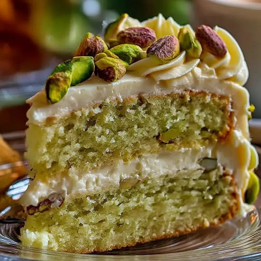 Ein Stück Pistachio-Kuchen auf einem Glas.