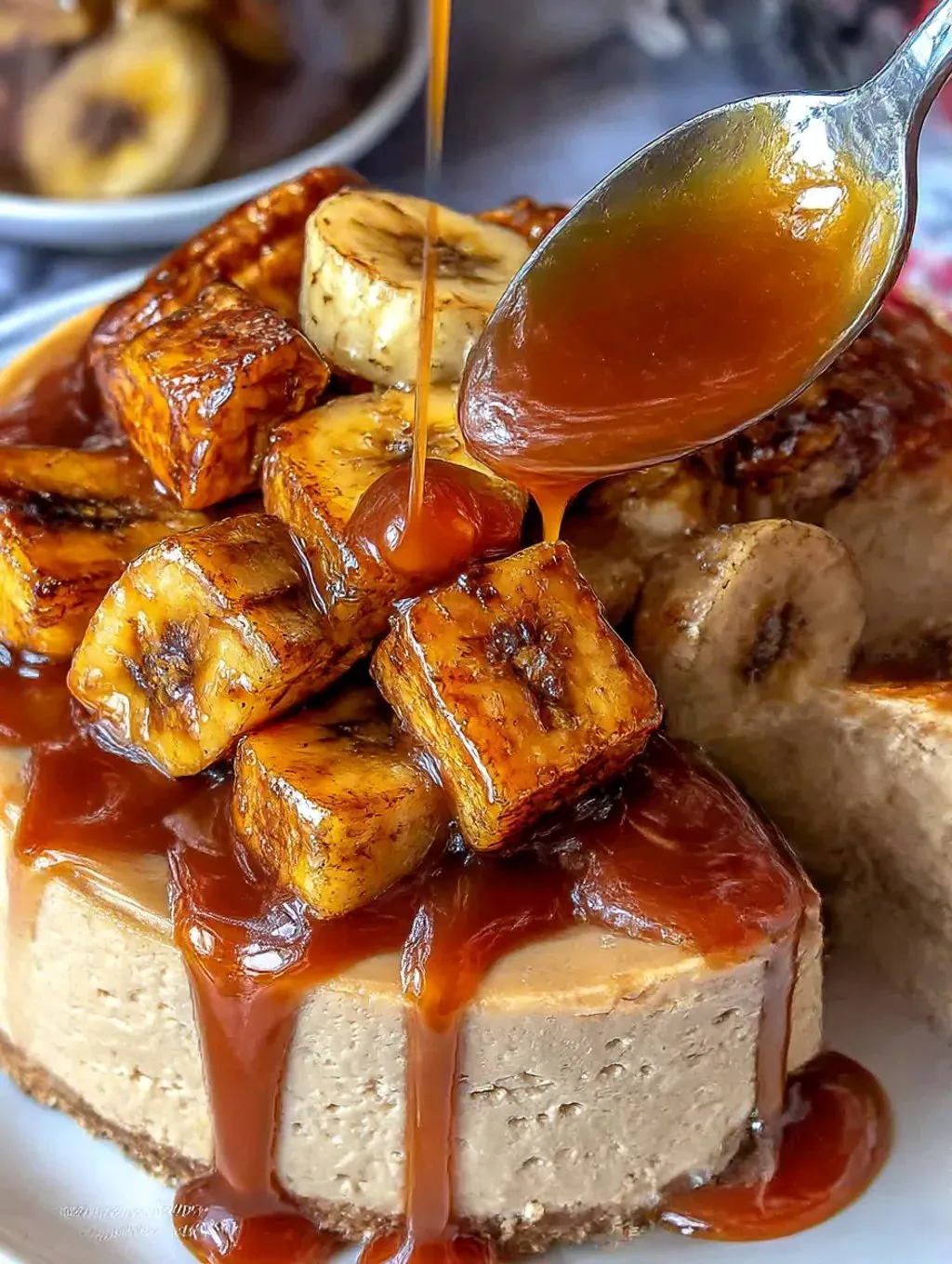 Eine Bananen-Karamell-Käsekuche mit einer Rum-Glasur.