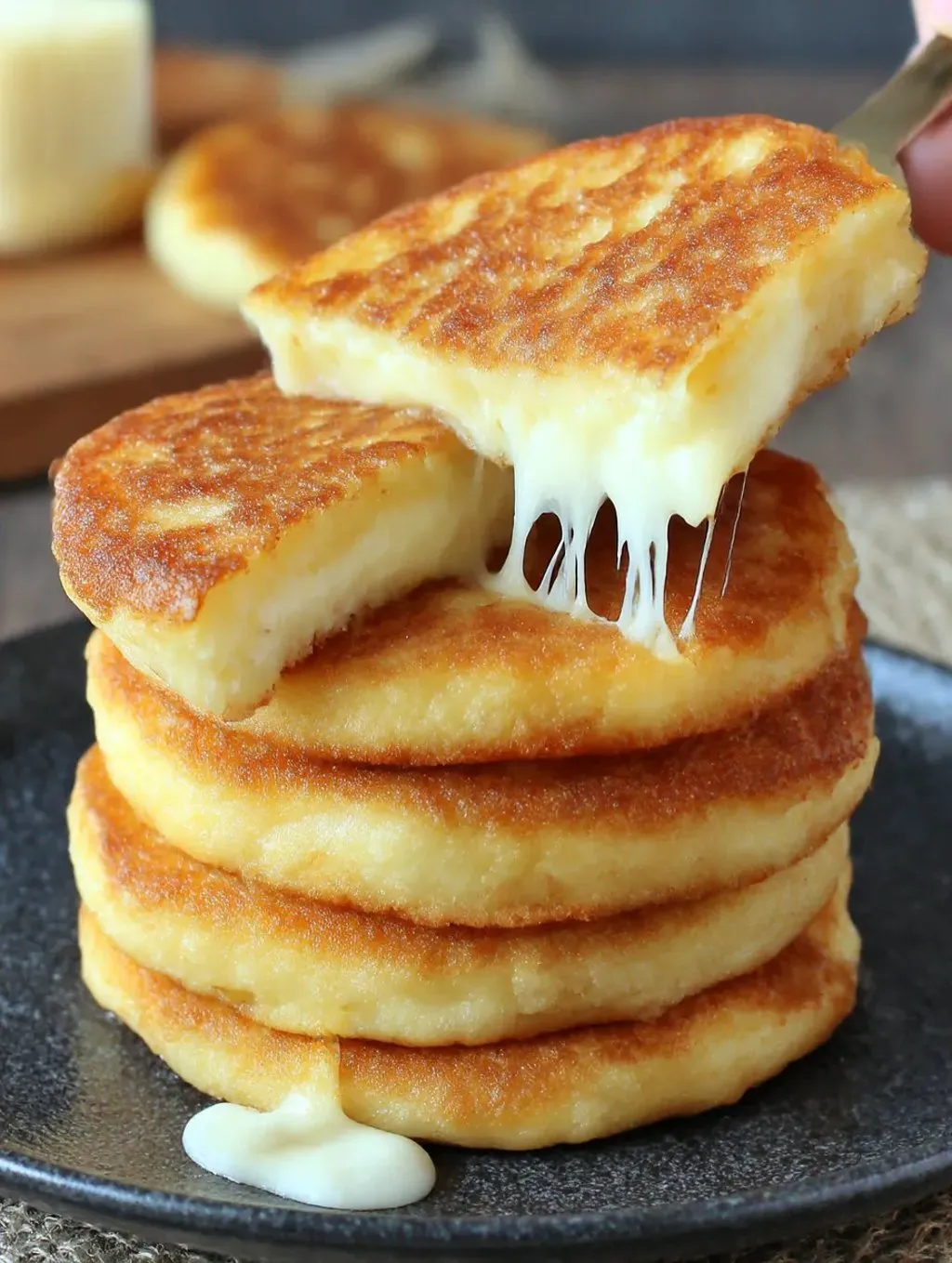 Eine Schicht von Potato Cheese Pancakes auf einem Teller.