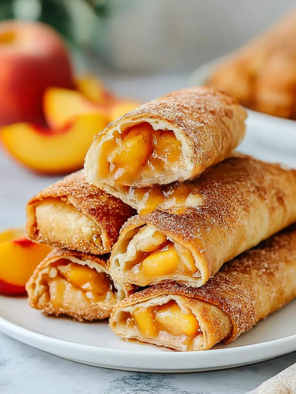 Ein weißer Teller mit Peach Cobbler Egg Rolls darauf.