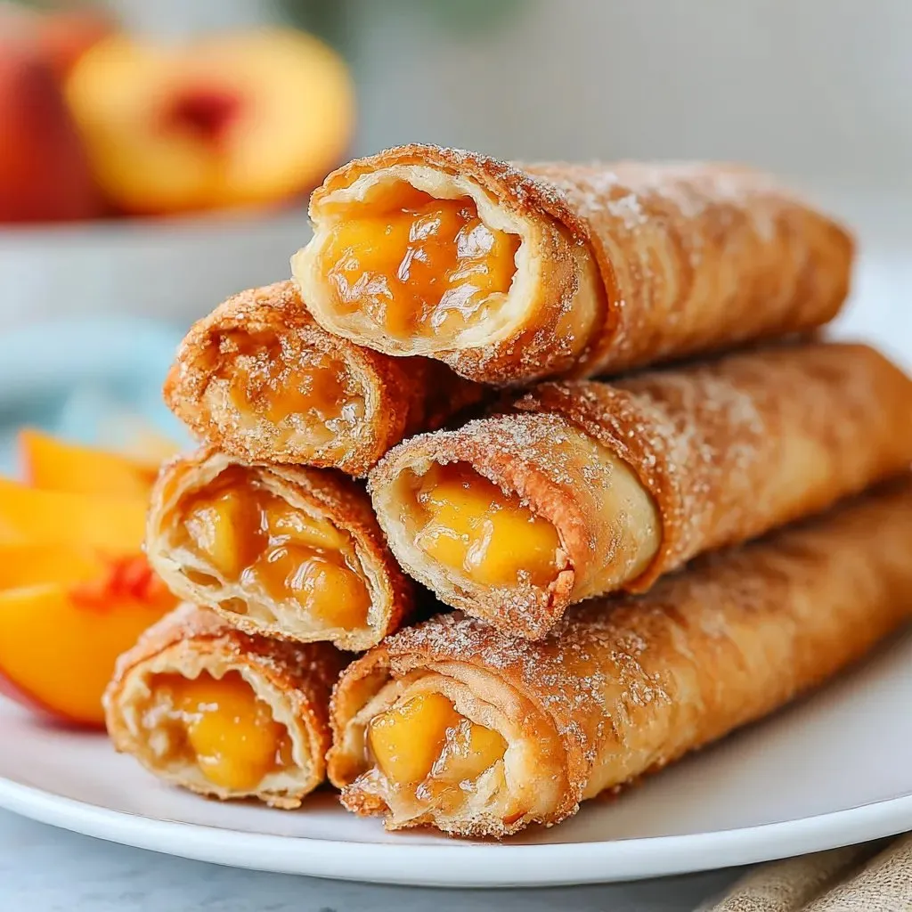 Ein weißer Teller mit Peach Cobbler Egg Rolls darauf.