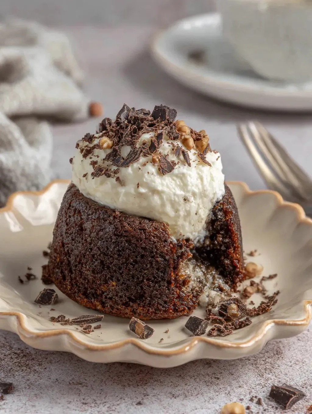Eine Schokoladen-Lava-Kuche mit Nüssen auf einem Plate.