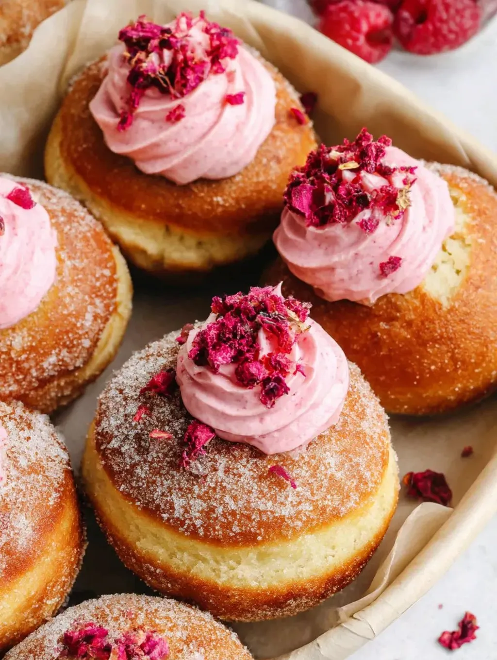 Eine Gruppe von Raspberry cheesecake brioche doughnuts mit Pink-Süßigkeiten auf der Oberseite.