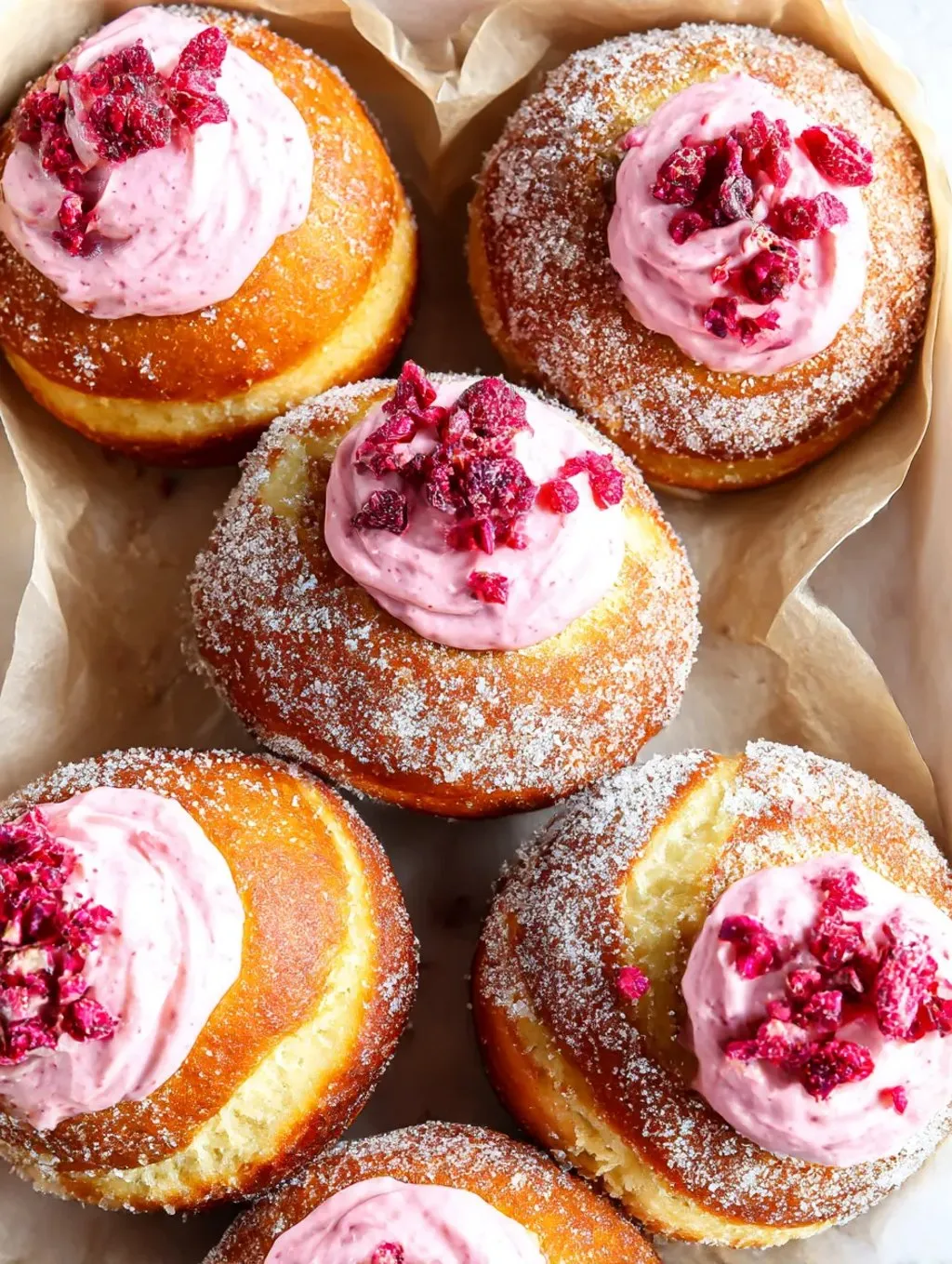 Eine Gruppe von sechs Raspberry-Cheesecake-Brioche-Doughnuts, die in einer Schüssel auf einem Tisch liegen.