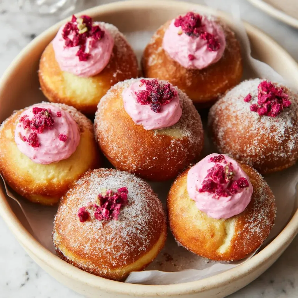 Ein Becher mit sechs Raspberry-Cheesecake-Brioche-Doughnuts.
