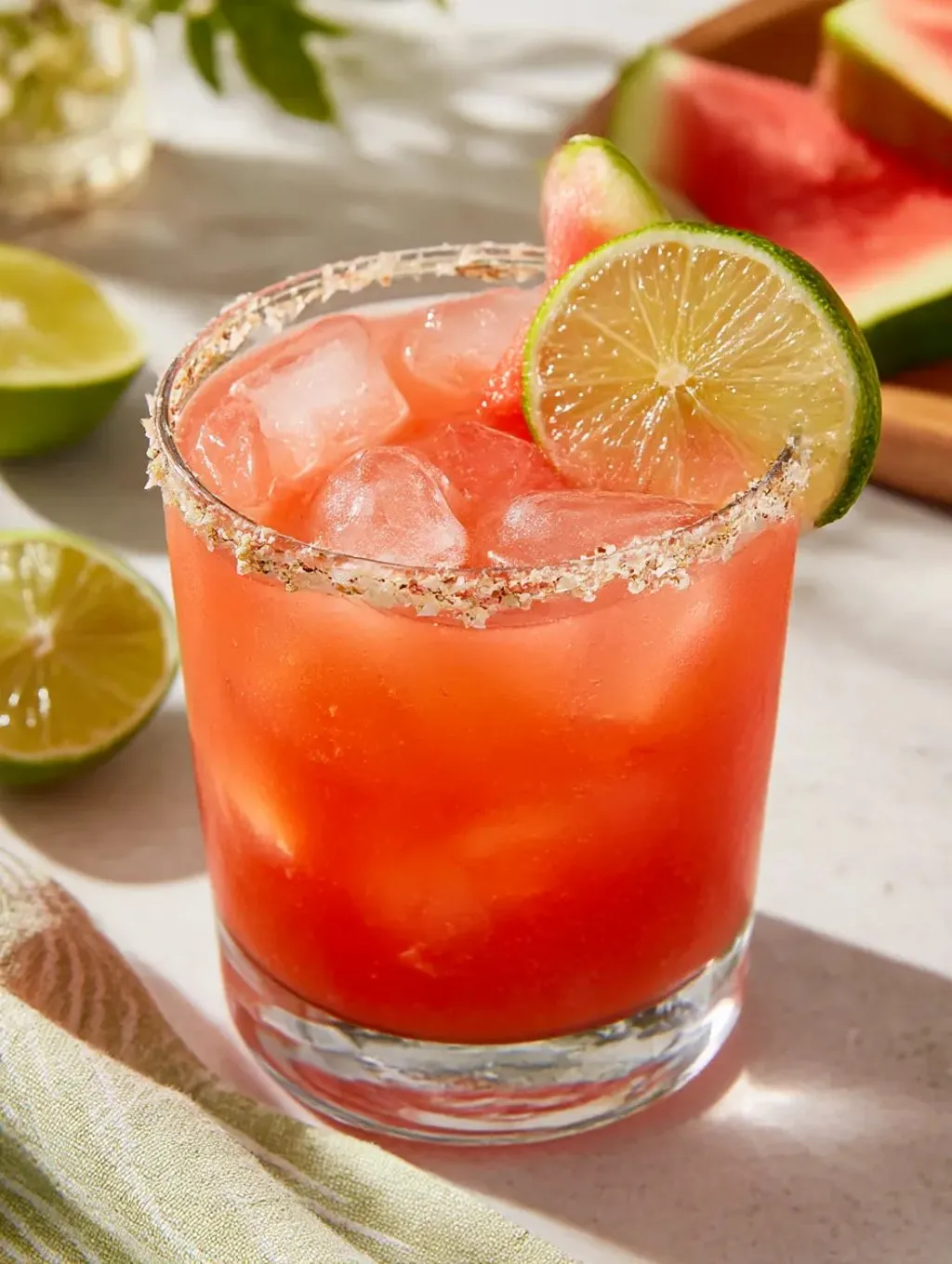 Ein Glas mit Watermelon Margarita Mocktail.