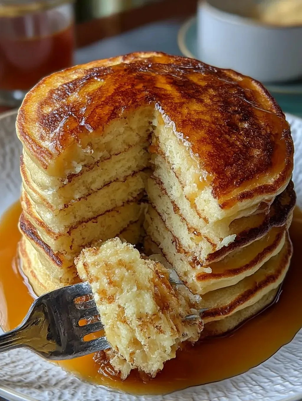 Ein Stück von Buttermilk Pancakes wird von einem Fork abgesetzt.