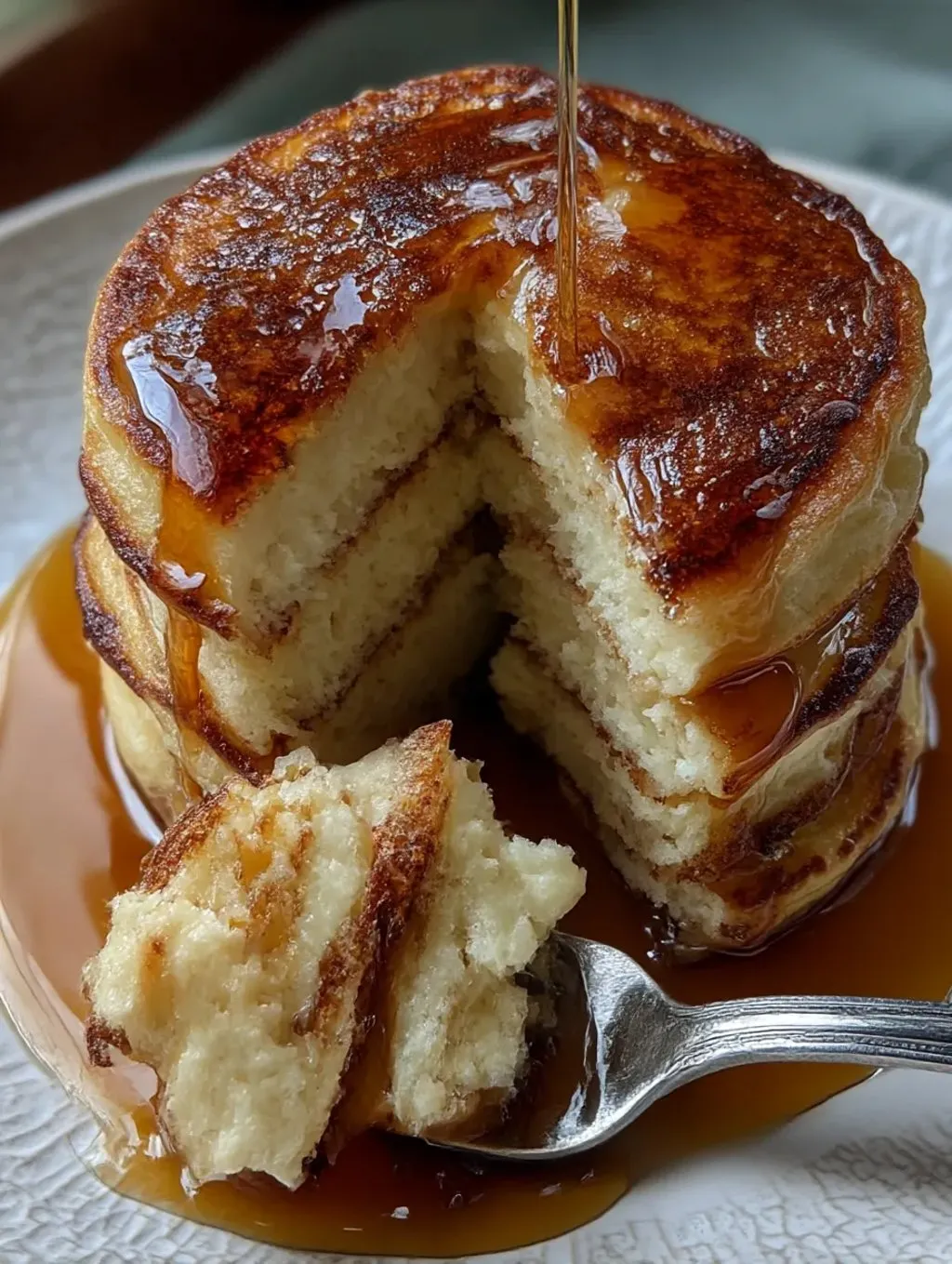 Ein Buttermilk Pancakes mit einem Stück abgerissen.