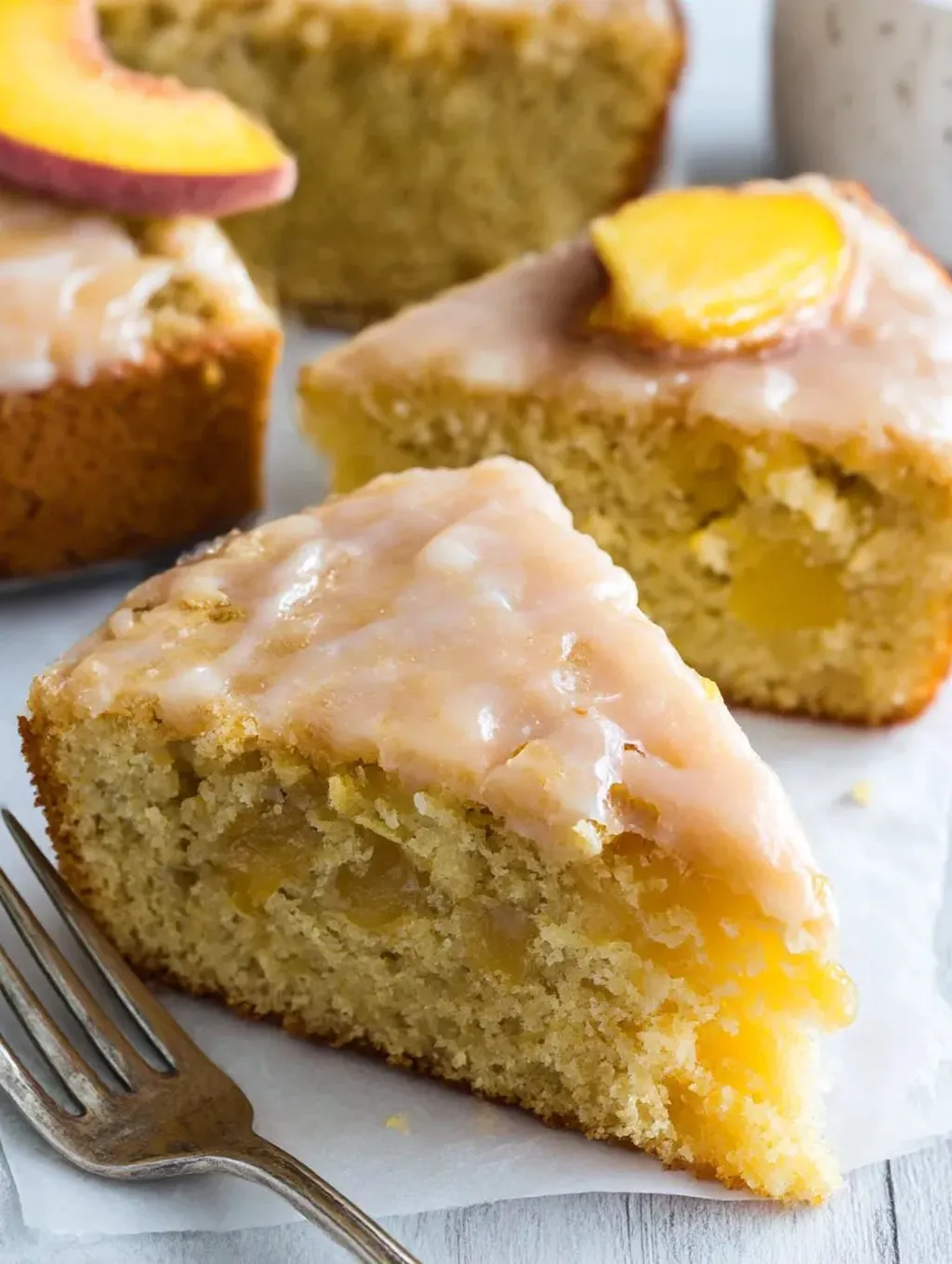Ein St&uuml;ck Brown Sugar Peach Cake auf einem Teller.