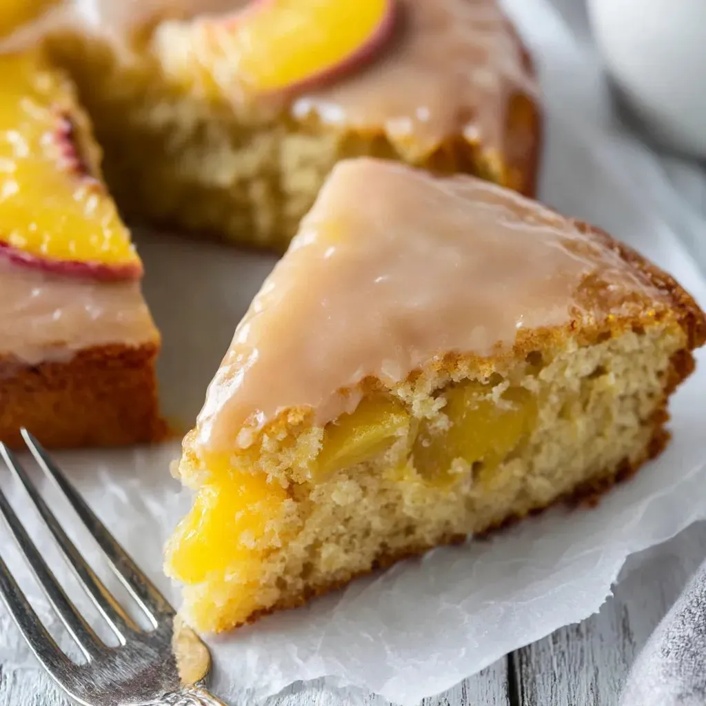 Ein Stück von einem Brown Sugar Peach Cake, der auf einem Teller liegt.