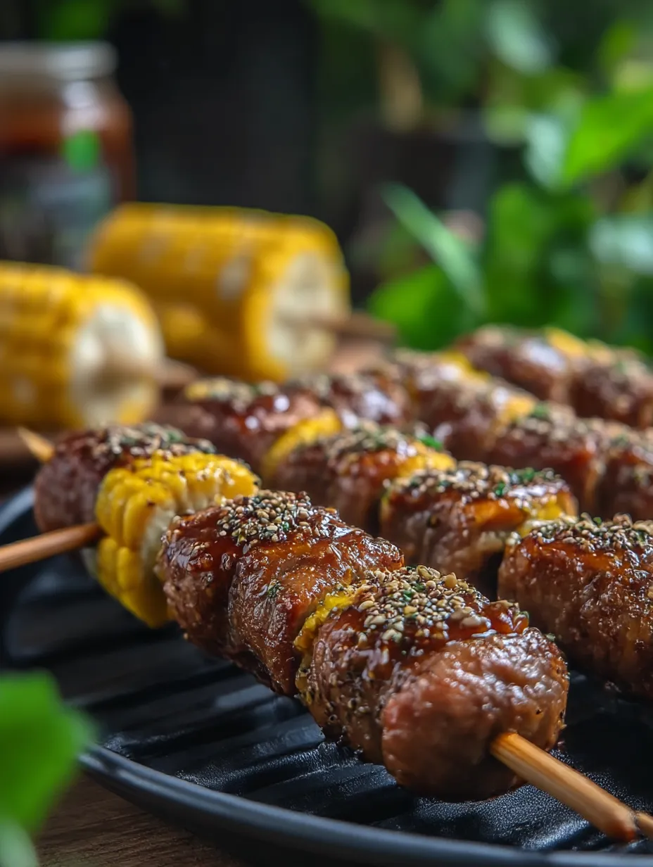 Eine Grillkette mit koreanischen Würzen und Kartoffeln.
