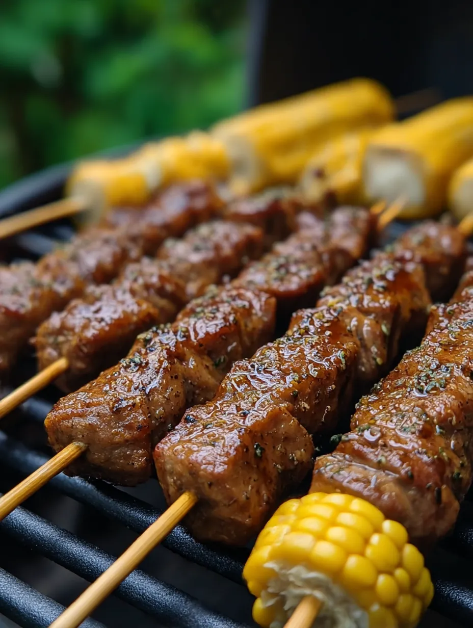 Eine grillierte Steak-Kebab-Zwiebel-Kombination mit Kokosmelis und Kartoffeln.
