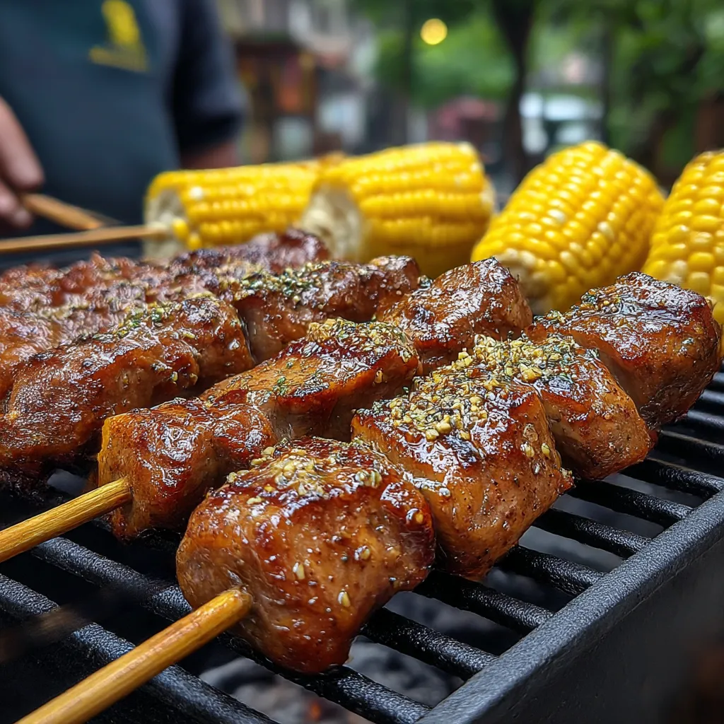 Eine Grillparty mit verschiedenen Gerichten, darunter Kebab, Kartoffeln und Maize.