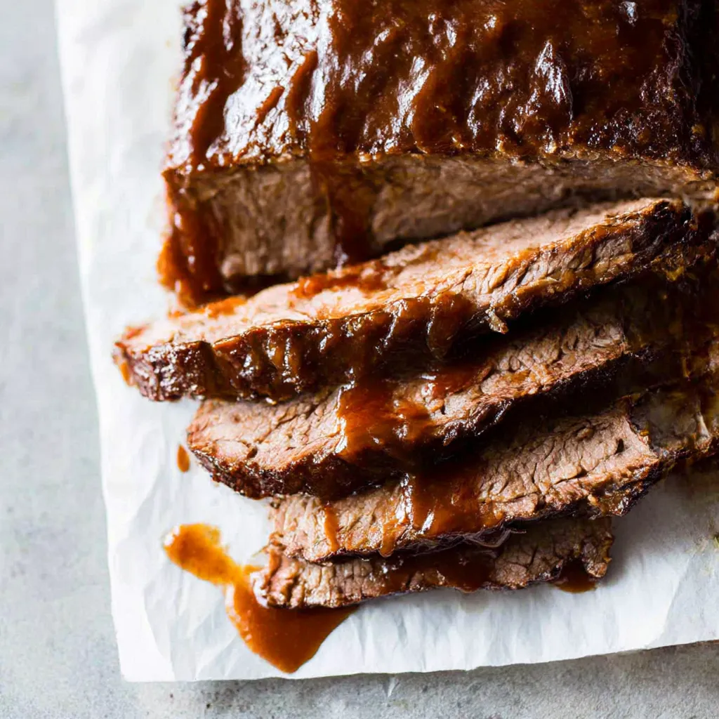 Ein Stück Rindfleisch mit BBQ-Sauce auf einer Schüssel.