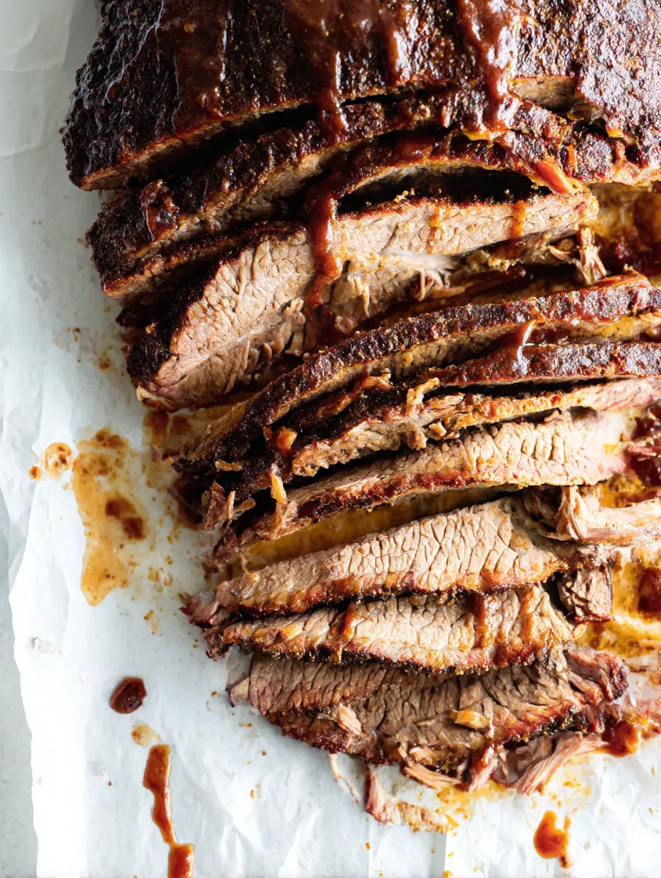 Ein Stück Rindfleisch, das in einem Slow Cooker gegart wurde, mit BBQ-Sauce.