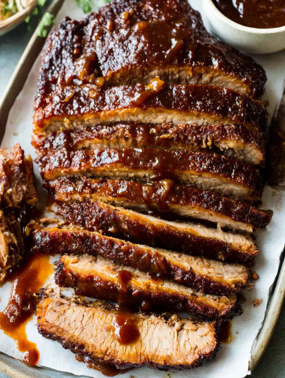 Ein Besteck mit BBQ-Sauce und Brisket.