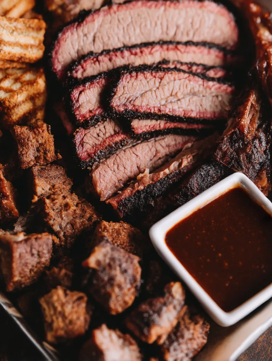 Ein Schälchen mit Texas Style Smoked Beef Brisket, das in einem Schälchen mit Sauce aufbewahrt wird.