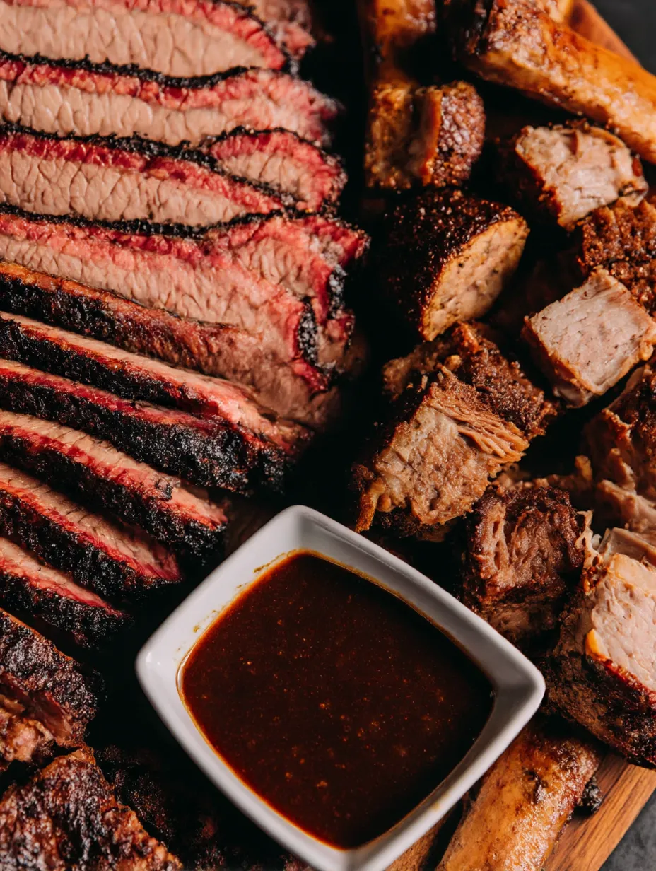 Ein großes Stück Texas Style Smoked Beef Brisket auf einem Teller.