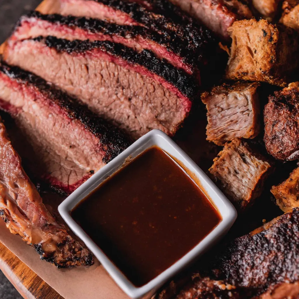 Ein Teller mit Texas Style Smoked Beef Brisket, darunter ein kleines Glas mit Sauce.