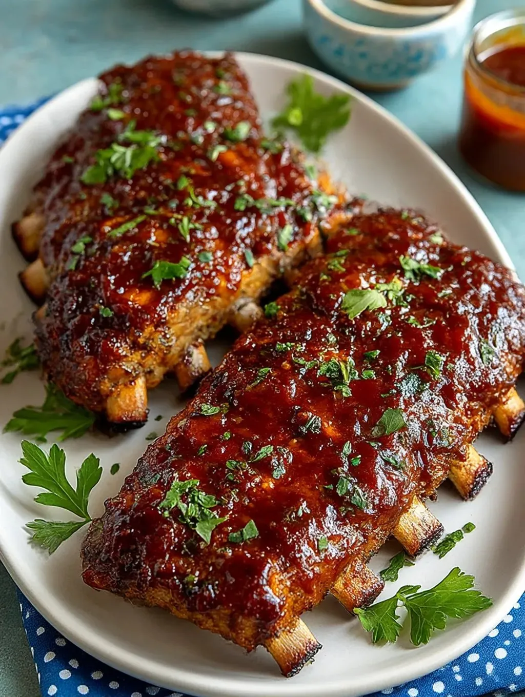 Zwei Stücke von irresistible Barbecue Ribs auf einem weißen Teller.