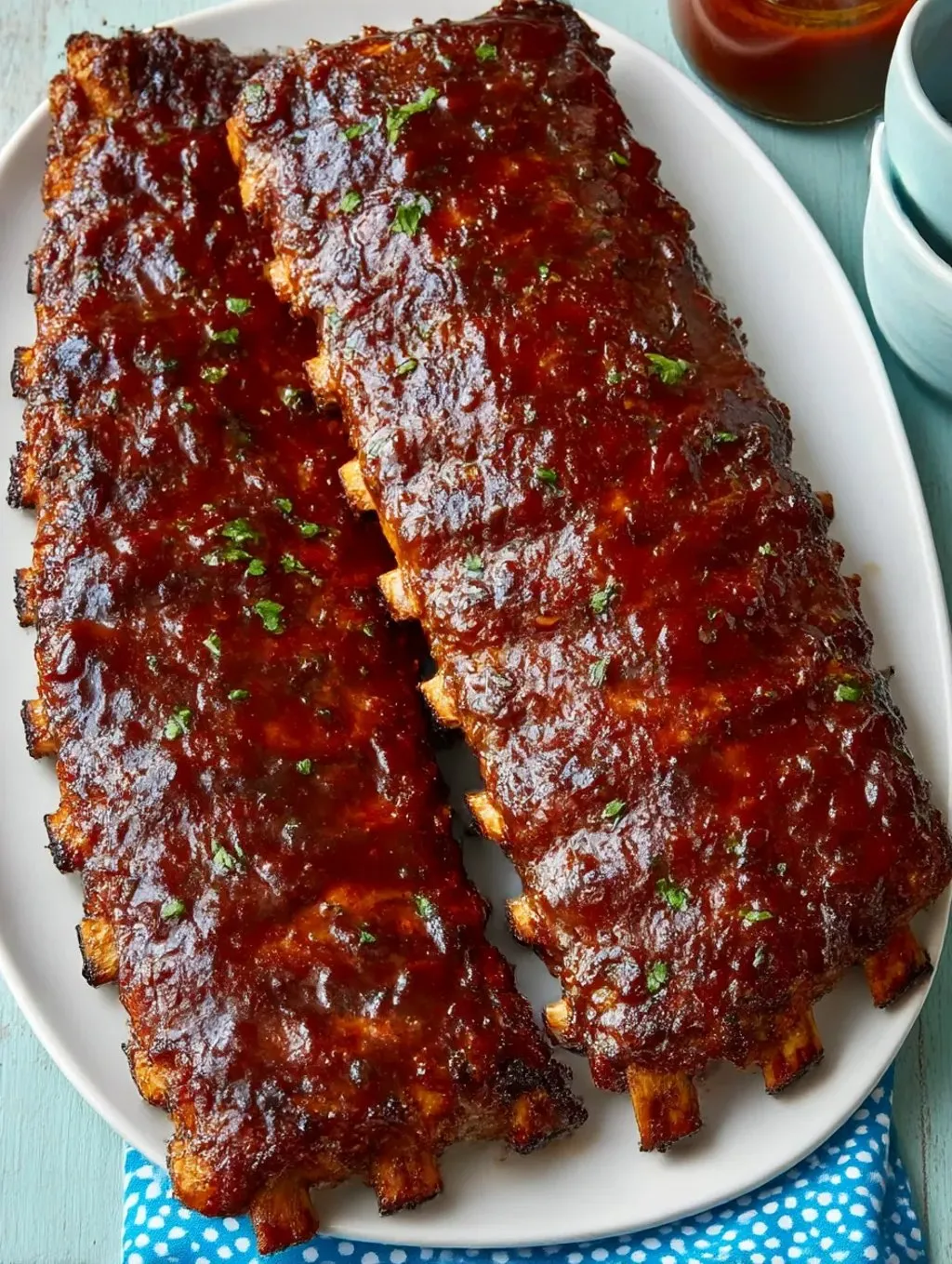 Zwei Stücke von irresistible Barbecue Ribs Feast auf einem weißen Teller.