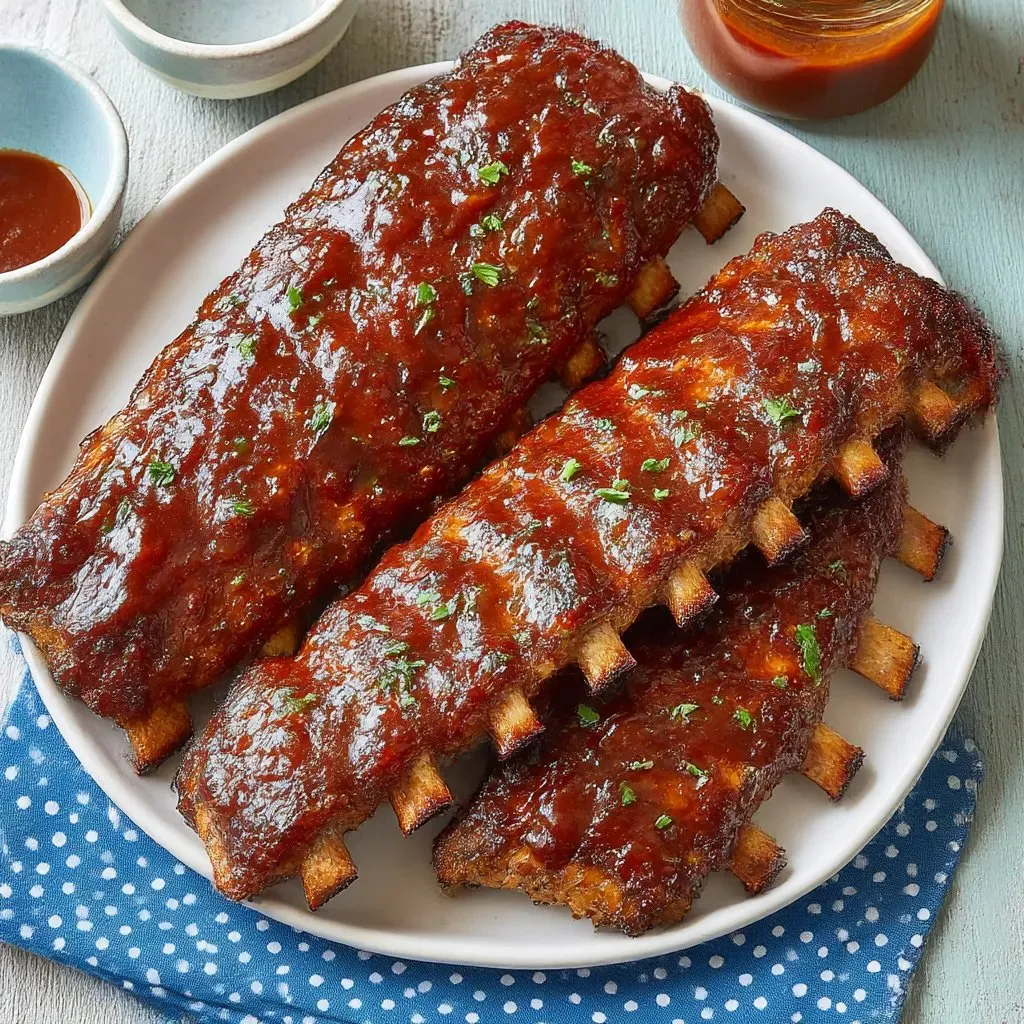 Ein Plate mit zwei Stücken von irresistible Barbecue Ribs Feast.