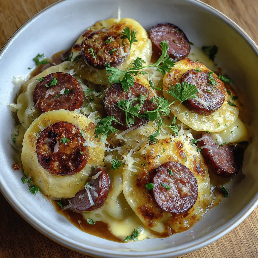 Ein weißer Teller mit einer Mischung aus Reis, Paprika, Käse und Wurst.