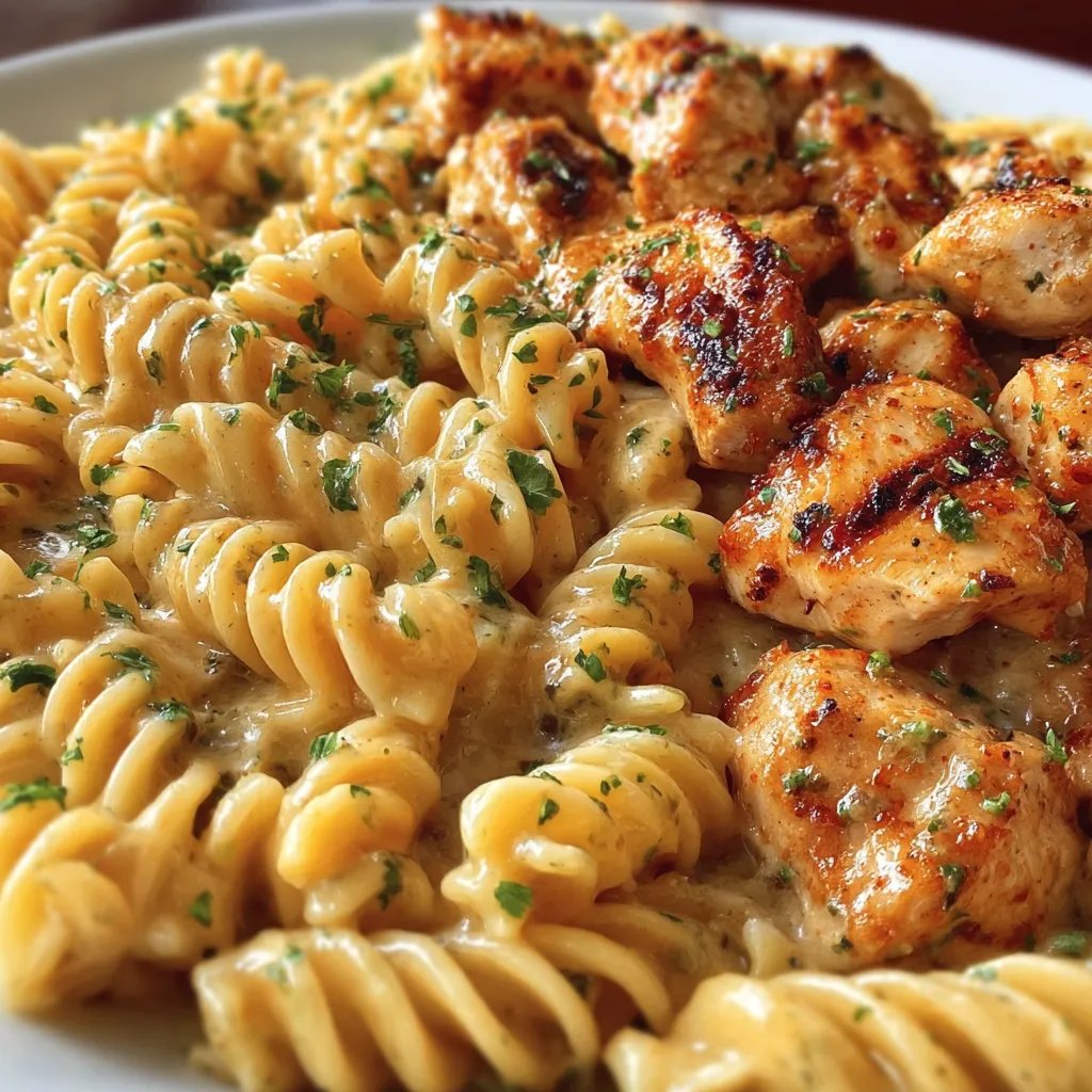 Ein Plate mit Pasta und Chicken.