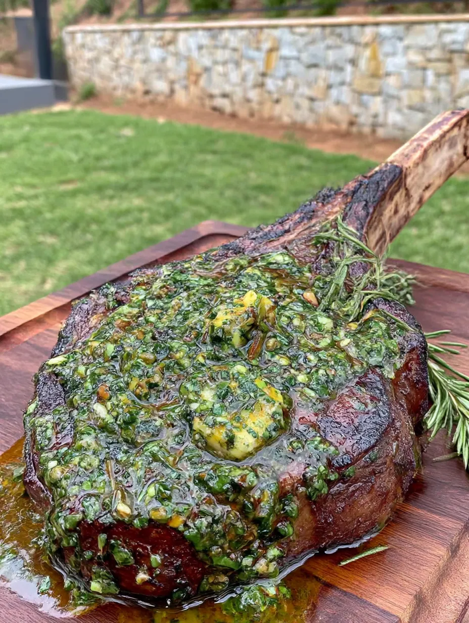Ein großes, grilltes Tomahawk Steak mit rohter Knoblauch und Kräutern auf einer Platte.