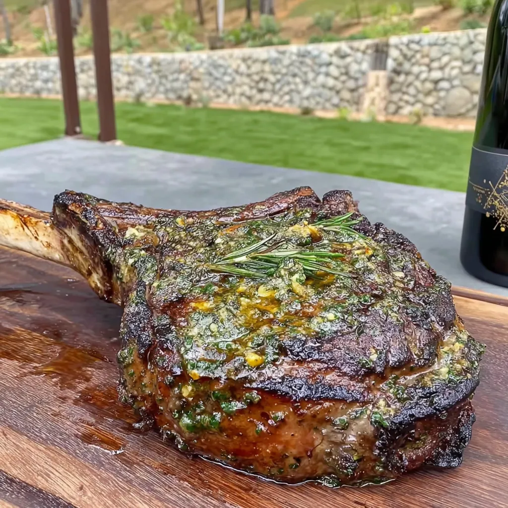 Ein großes, grilltes Tomahawk Steak mit rohter Knoblauch und Kräutern auf einer Platte.