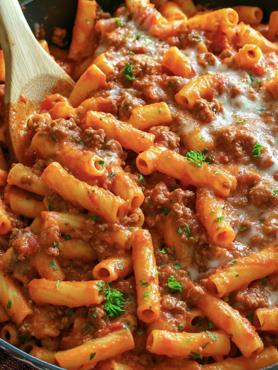 Eine Schüssel mit Penne-Nudelsalat, der mit Käse, Tomaten, Zwiebeln und Sauce garniert ist.