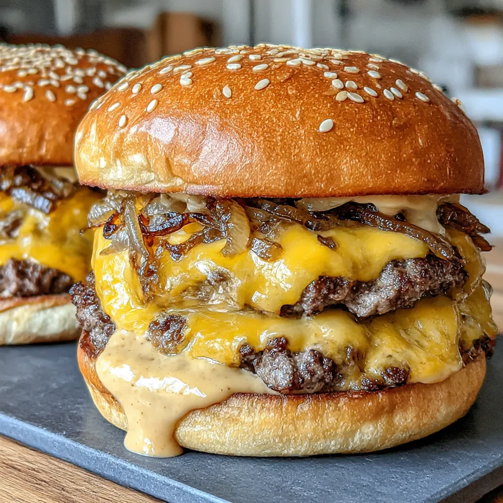 Zwei Burger mit Ketchup und Zwiebeln auf einem Tisch.