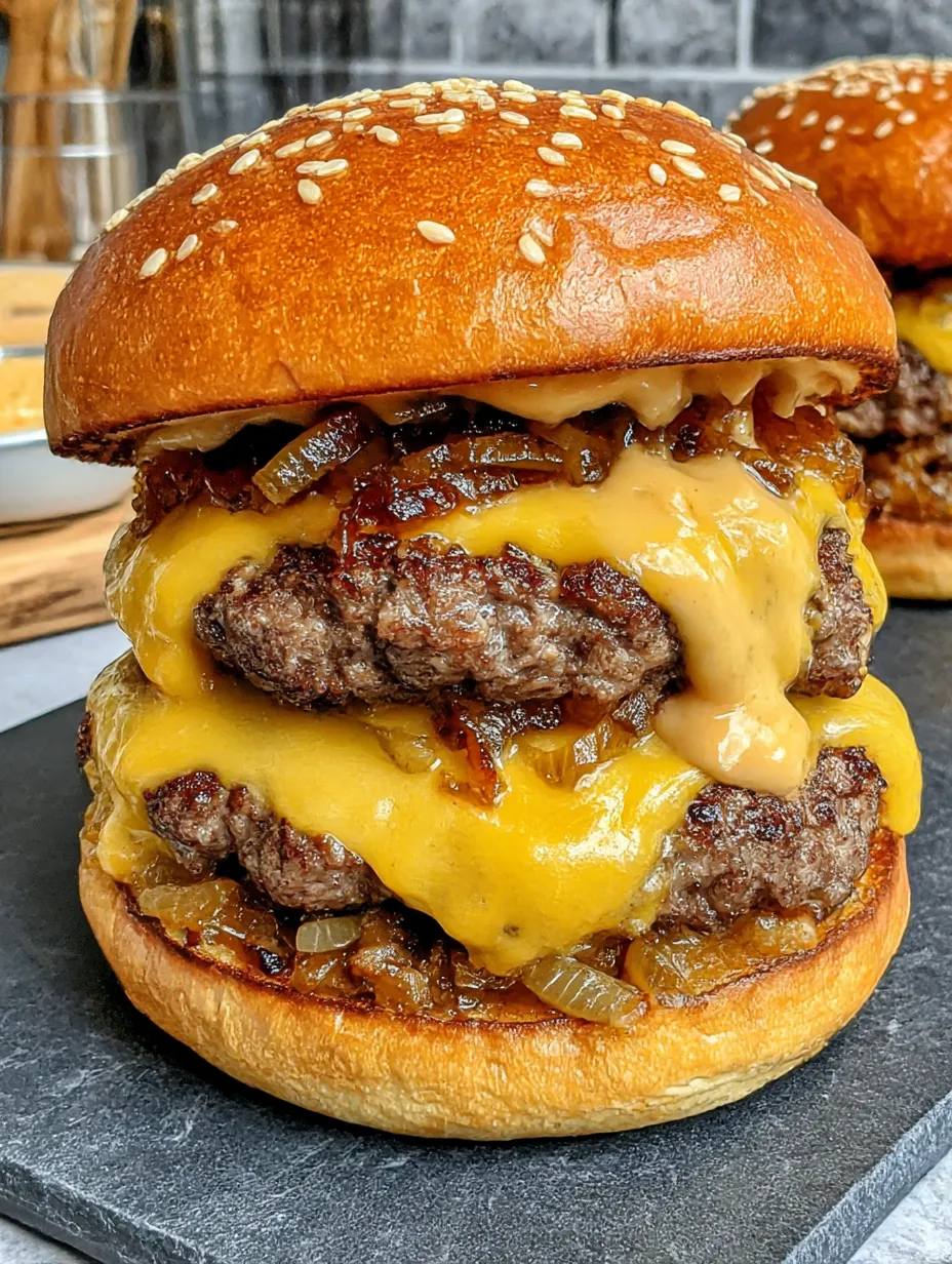 Ein riesiges Burger mit vielen Zutaten, darunter Onions, ist auf dem Teller.