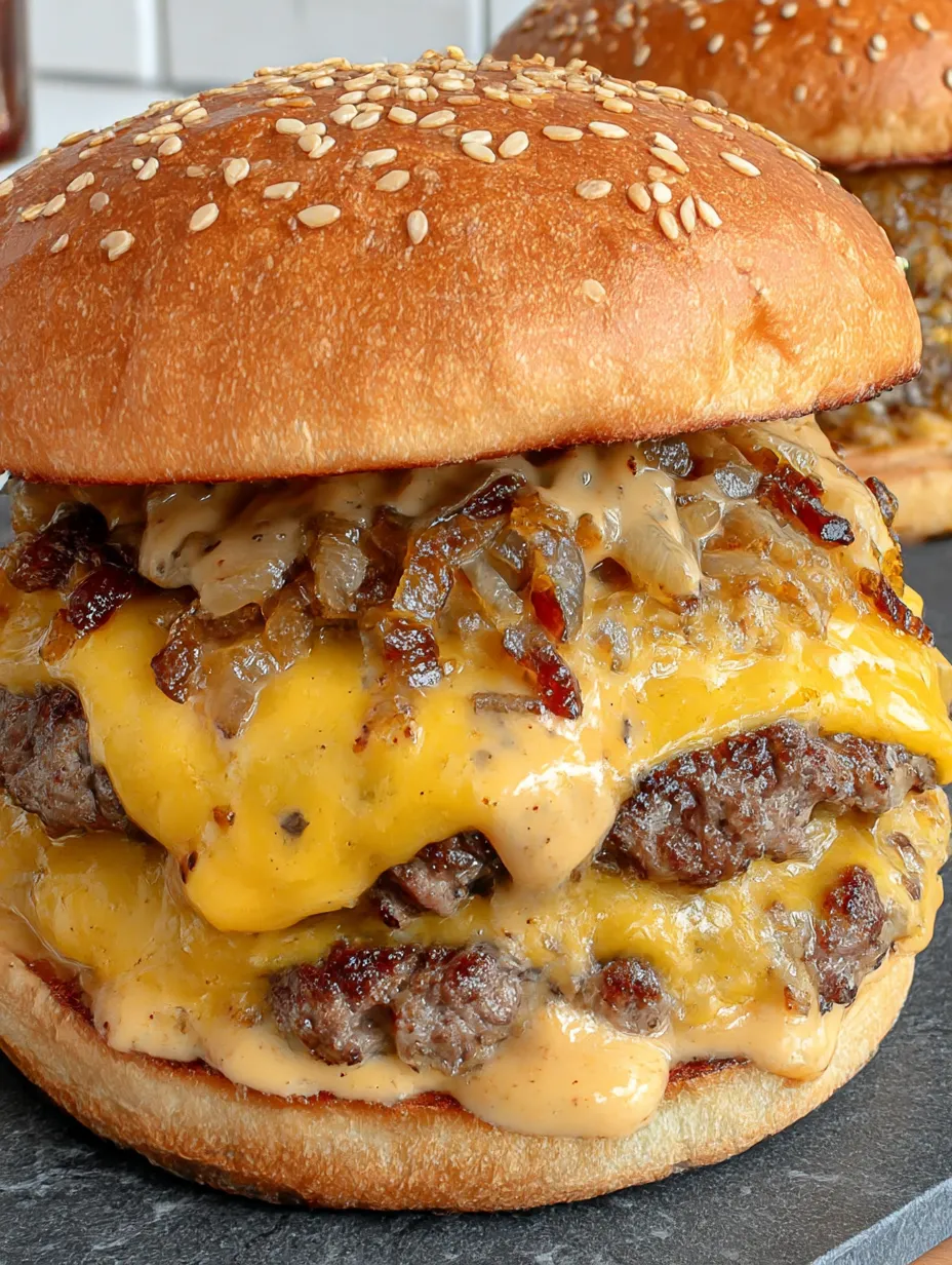 Ein großes, fettiges Burger mit Käse und Zwiebeln auf einem Baguette.