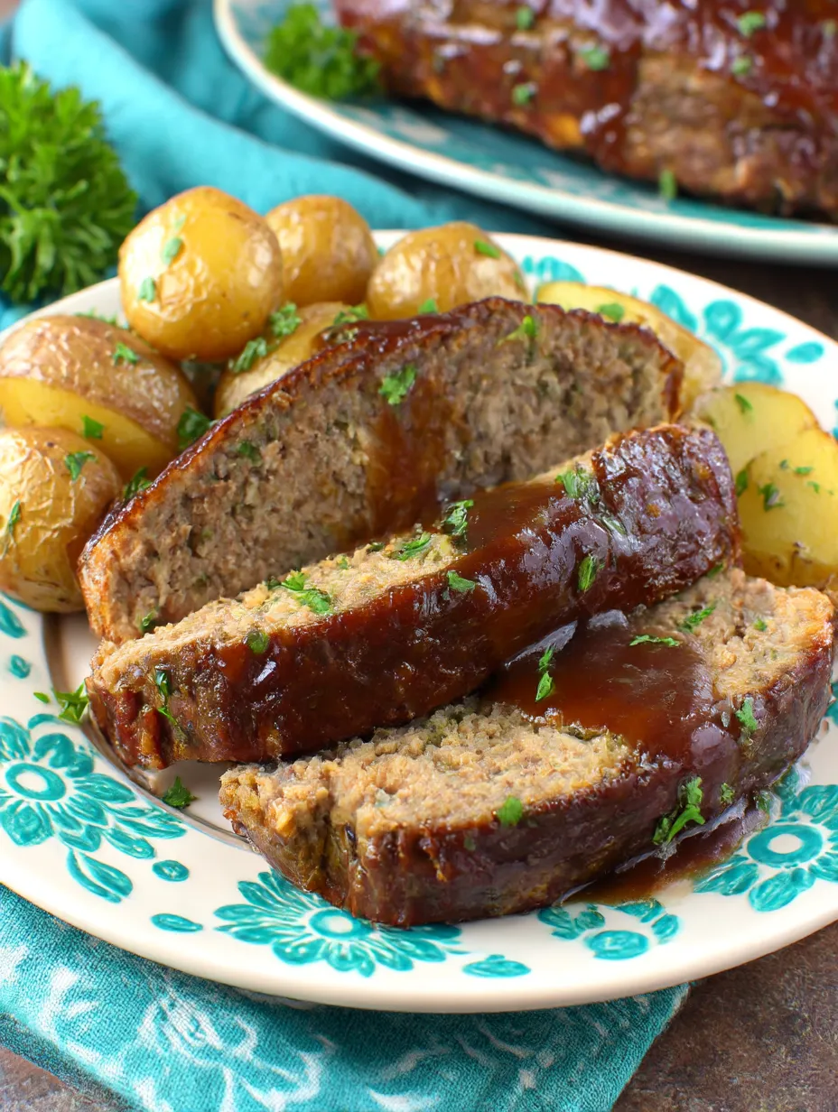 Ein Plate mit Meatloaf und Kartoffeln.