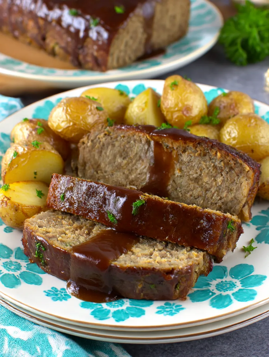 Eine Platte mit Meatloaf und Kartoffeln, die mit Sauce garniert sind.