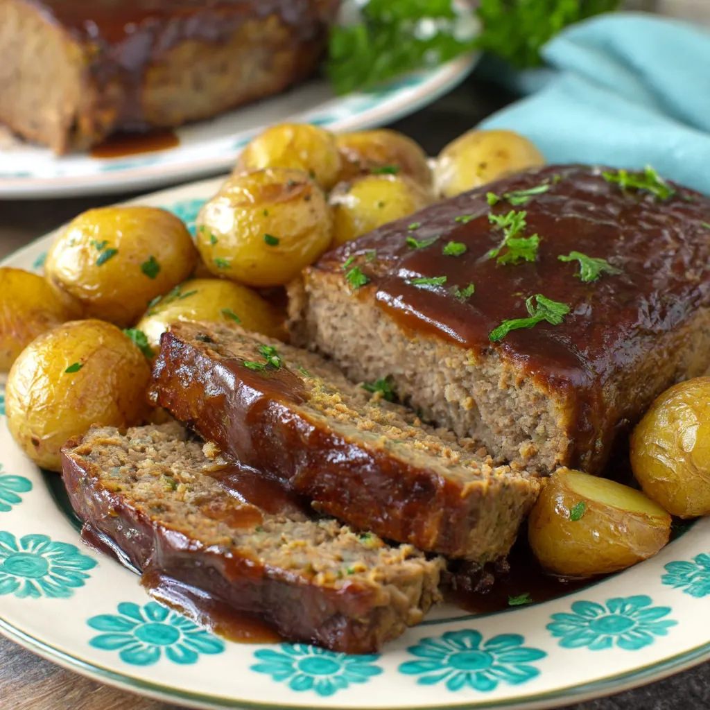 Ein Plate mit Meatloaf und Kartoffeln.