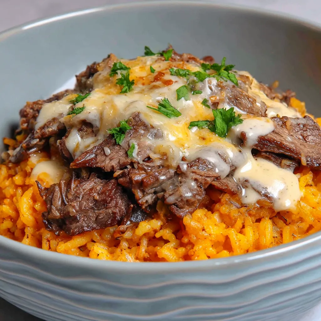 Ein Schüssel mit Steak, Queso und Reis.
