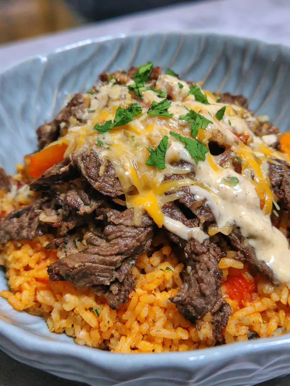 Ein Bild von Steak mit Queso und Reis, das eine köstliche Zubereitung darstellt.