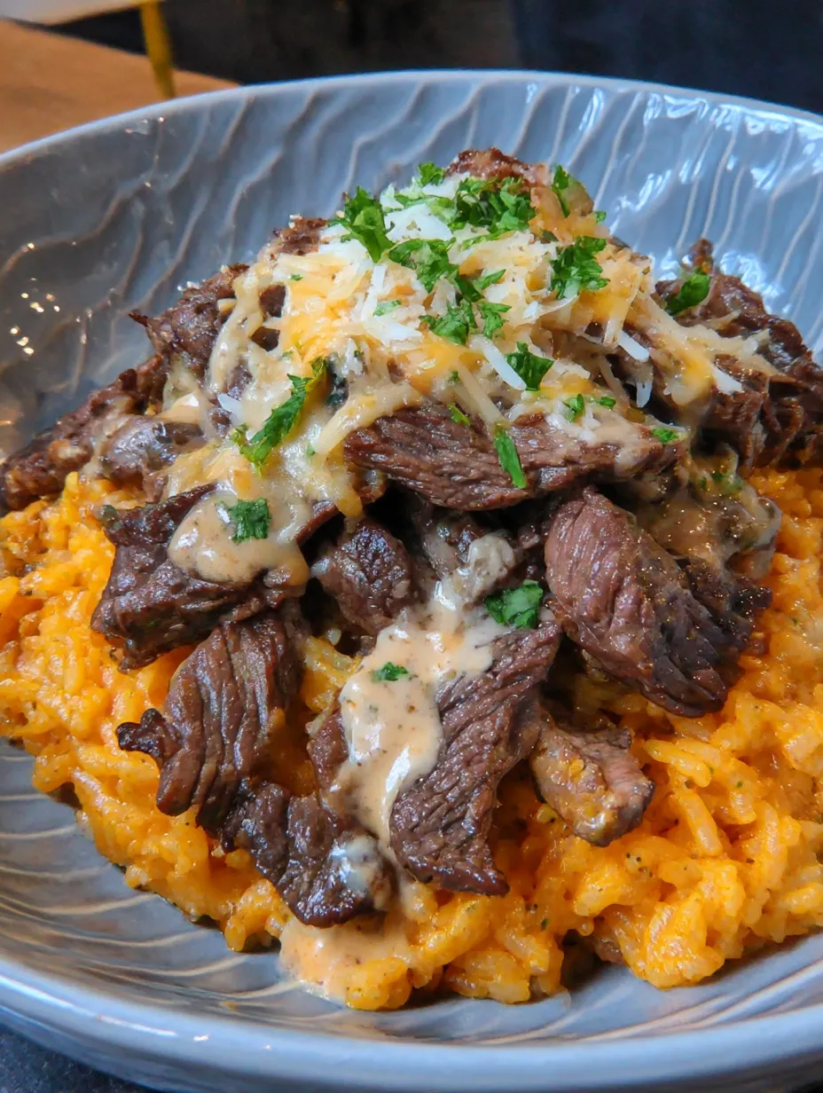 Ein Bild von Steak mit Queso und Reis auf einem Teller.