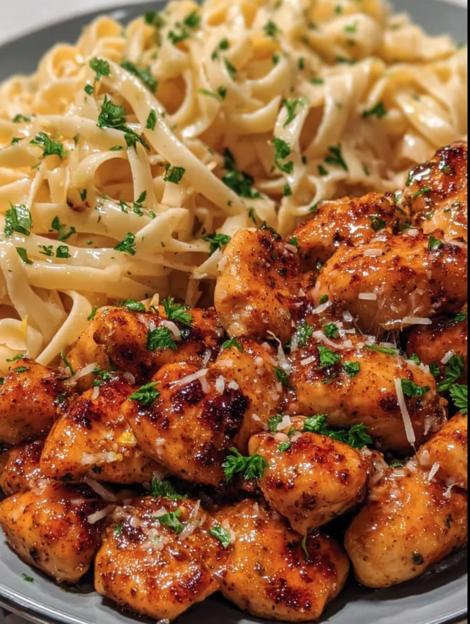Eine Platte mit Pasta und Chicken.