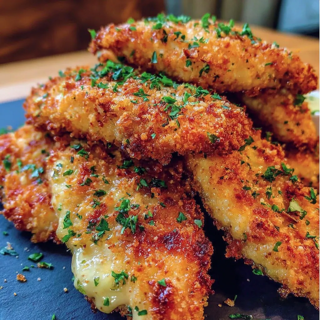 Eine Schicht von frisch zubereiteten, frittierten oder gebackenen Fischstücken, die mit Parsley garniert sind.