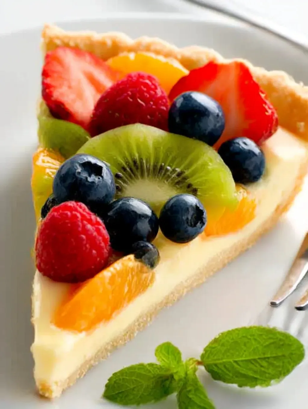 Ein Stück Fruchtkuchen mit Käse und Früchten wie Orangensaft, Raspberry, Blueberry, Kiwi und Strawberry.