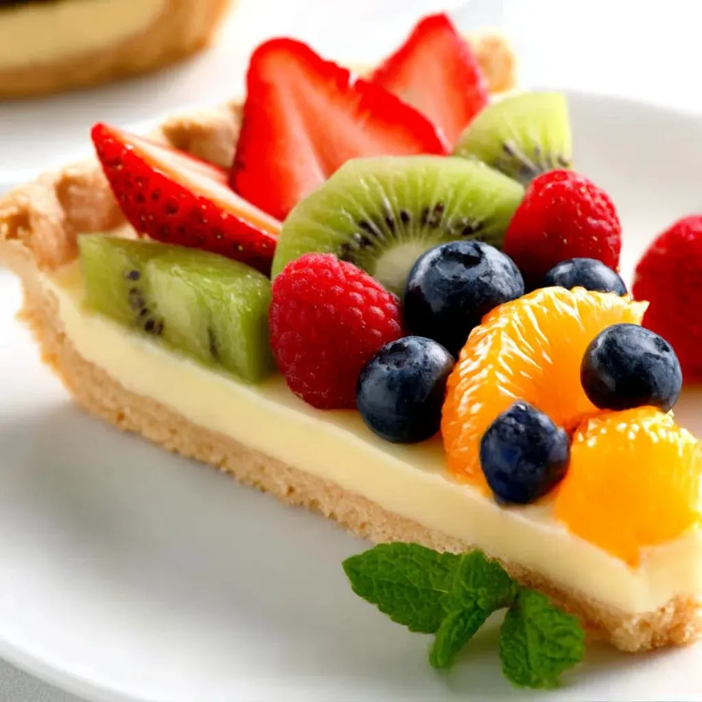 Ein Schokoladenkuchen mit frischen Früchten wie Strawberries, Kiwi, Blueberries, Orangensaft und Zitrusfrüchten.