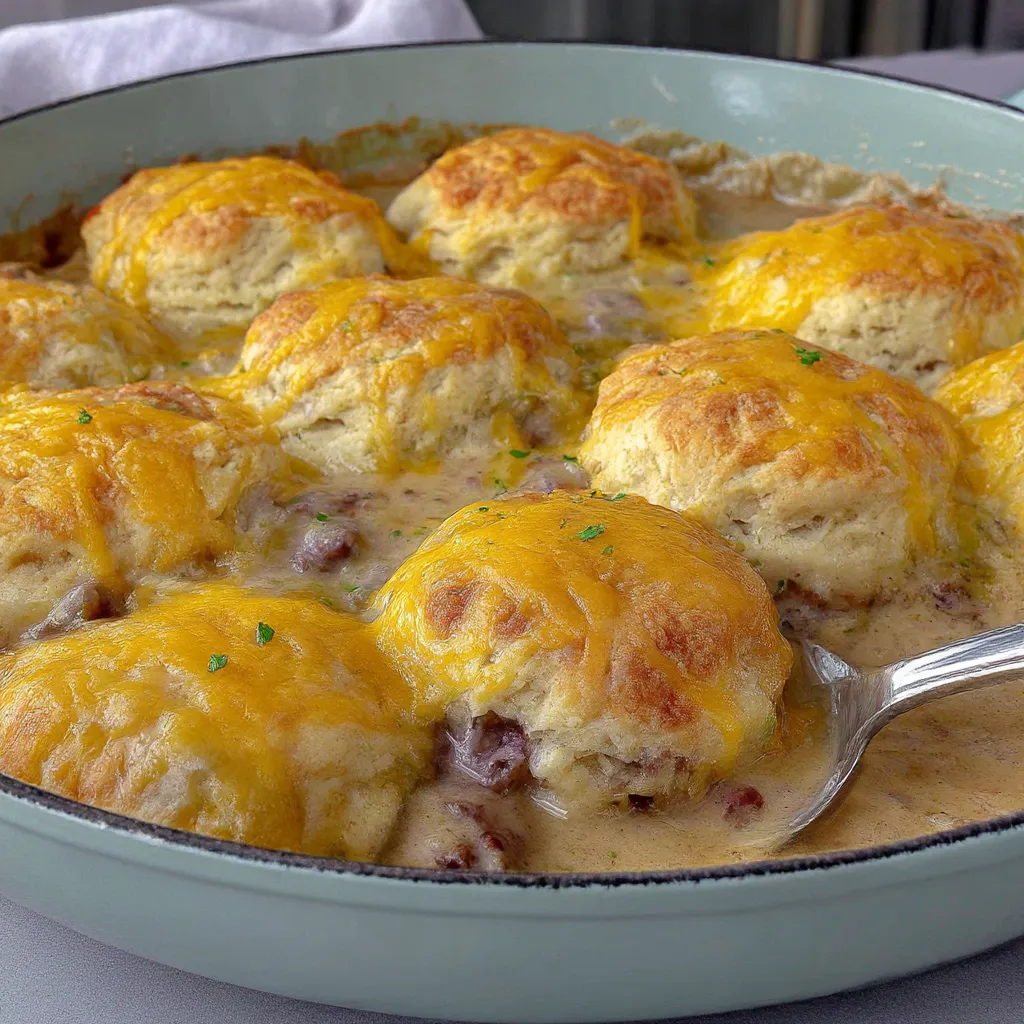 Ein Schälchen mit Cheddar Bay Hamburger Casserole.
