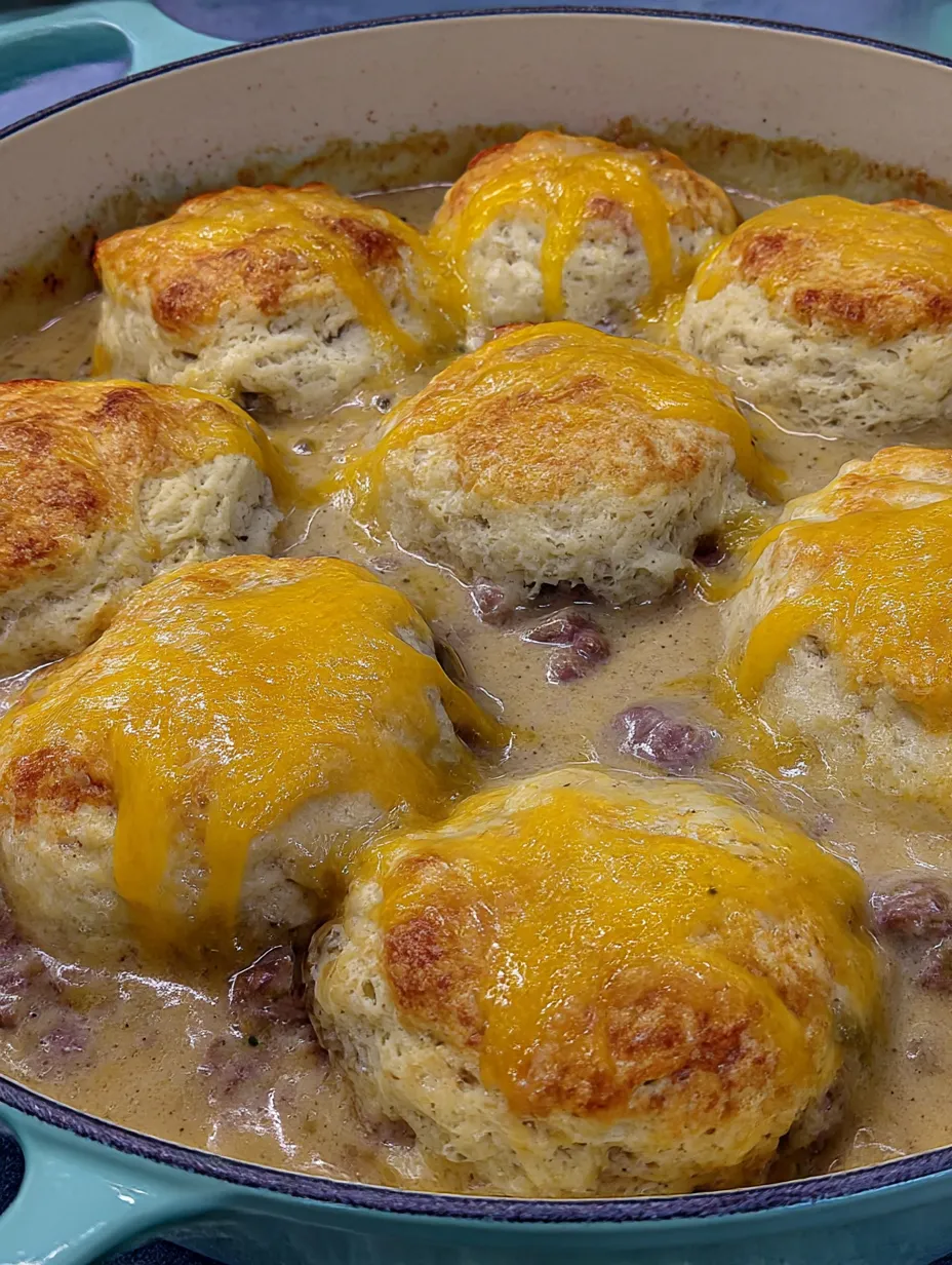 Ein Bild von Cheddar Bay Hamburger Casserole mit goldenem, geschmolzenem Käse und einer cremigen Sauce.