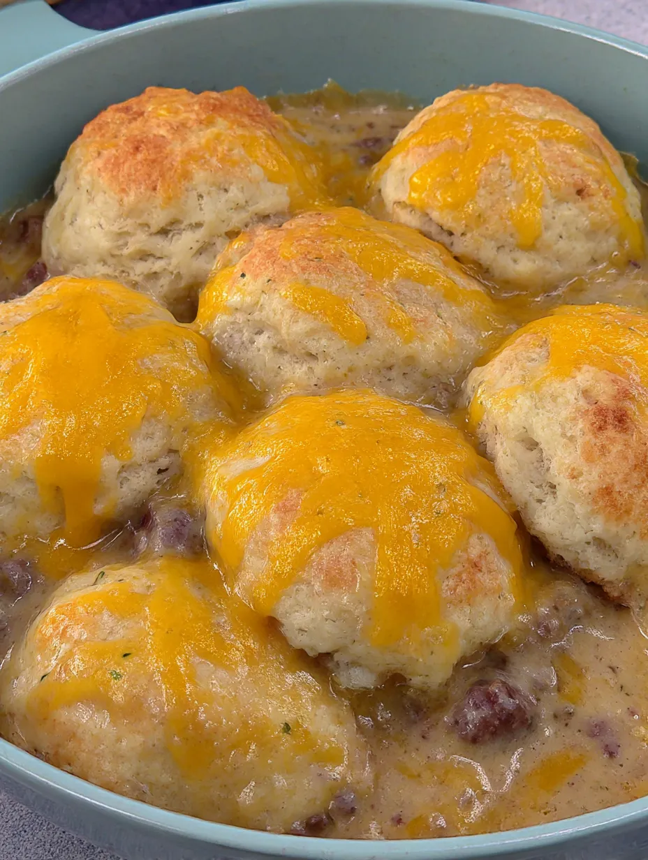 Ein Bild von Cheddar Bay Hamburger Casserole mit einer Mischung aus Käse, Brot und Gemüse.