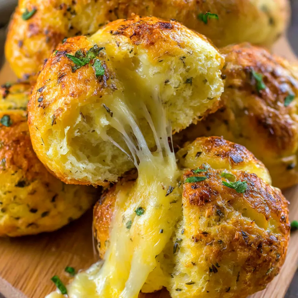 Ein Stück Stuffed Cheese Bread mit Käse und Zwiebeln auf einem Brett.