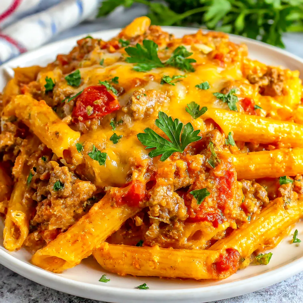 Eine Platte mit Pasta, die mit Käse und Sausage garniert ist.