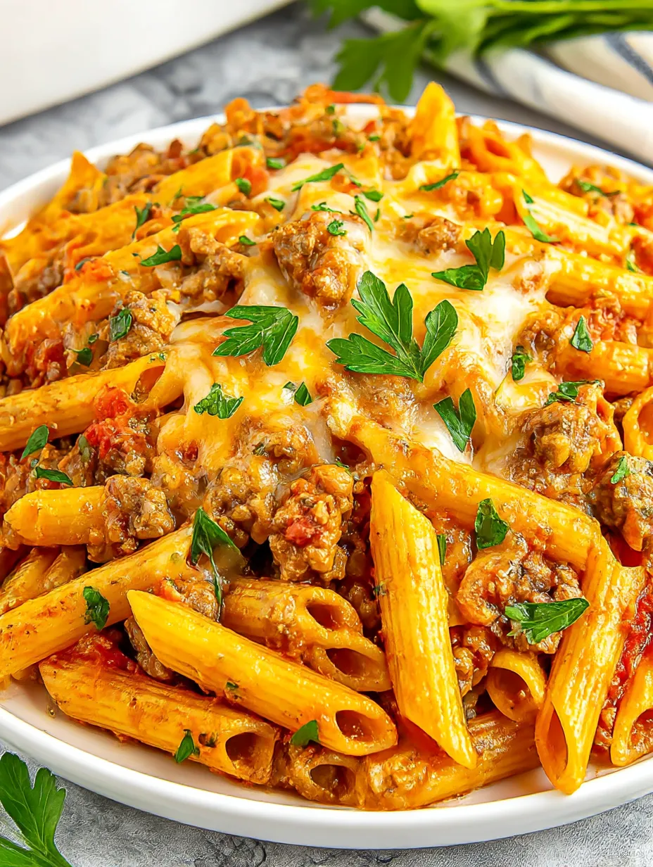 Ein weißer Teller mit Pasta, die mit Käse und Sausage garniert ist.